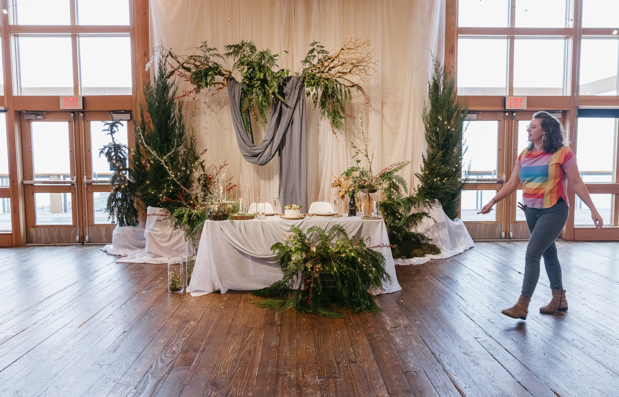 Event Design, draping, backdrop, lighting, rentals, floral design, forest evergreens, winter, Jefferson Healthcare, award ceremony, Northwest Maritime Center, Port Townsend